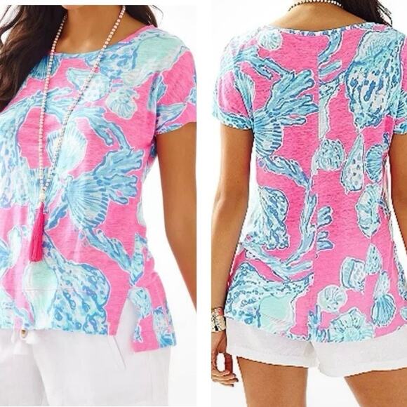 Lilly Pulitzer 100% Linen Mikela Top Pink Pout Barefoot Princess Blue Shells XXS - Picture 1 of 7